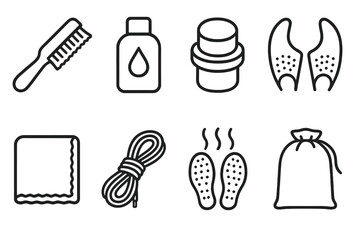 Footwear Maintenance Icons. Footwear maintenance tools linear set: suede brush, leather conditioner bottle, sponge applicator, crease guard, shine cloth, replacement laces,