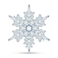 Exquisite frosty ice crystal snowflake in intricate detail, perfectly symmetrical and isolated on a pure white background, embodying the unique beauty and delicate charm of winter