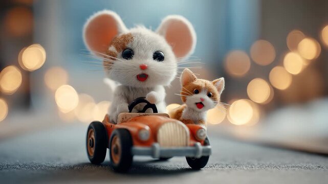 Cute mouse and kitten joyfully cruising in a tiny orange car with a blurred backdrop of lights