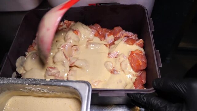 Marinating raw chicken pieces in a creamy yellow batter using a large red spoon