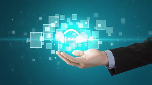 AI Chatbot and Virtual Assistant: A hand is shown presenting a glowing, holographic icon of a smiling robot with headphones, symbolizing advanced artificial intelligence customer service technology.