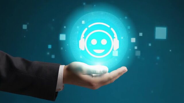 AI Chatbot and Virtual Assistant: A hand is shown presenting a glowing, holographic icon of a smiling robot with headphones, symbolizing advanced artificial intelligence customer service technology.