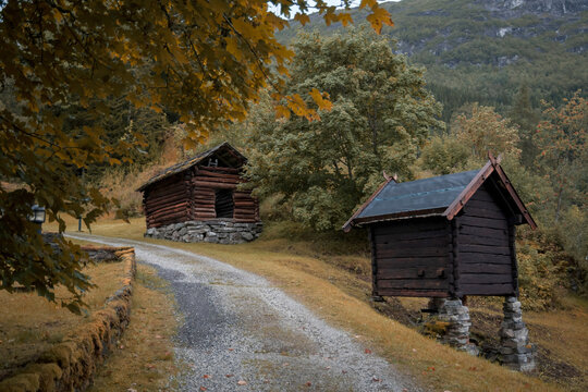 Magical Norwegian Wooden Houses with grass roofs in Stalheim Folk Museum, Stalheim, Norway