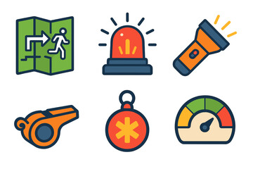 Emergency Readiness Icons. Rapid Response Tools flat set: evacuation map, alert siren, flashlight, safety whistle, emergency token, readiness gauge.