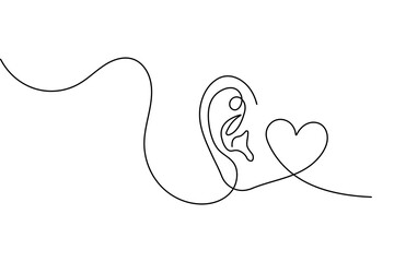 Continuous line drawing of ear with heart, listening to love