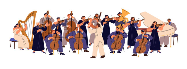Musical orchestra on stage. Symphony concert. Musicians with instrument: violin, harp, piano. Philharmonic performers with conductor play classical music. Flat isolated vector illustration on white. © Paper Trident