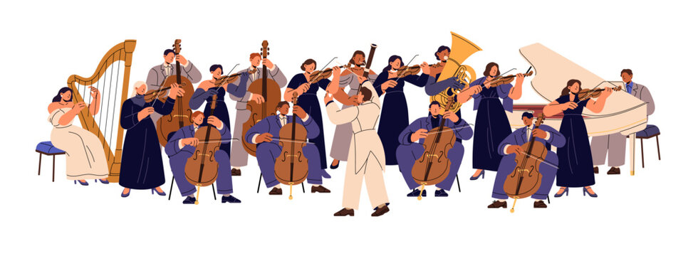 Musical orchestra on stage. Symphony concert. Musicians with instrument: violin, harp, piano. Philharmonic performers with conductor play classical music. Flat isolated vector illustration on white.