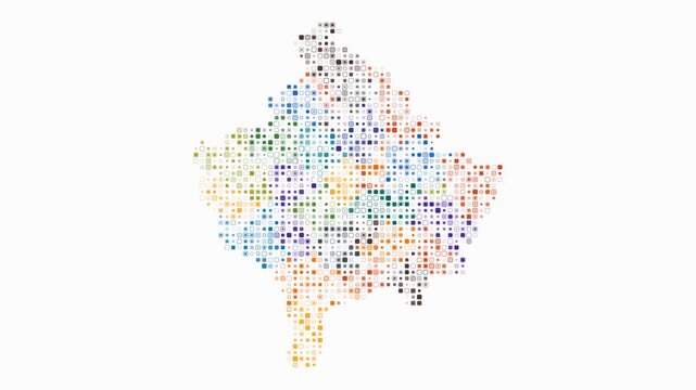 Kosovo animated country shape. Pulsating colored dots on the map of the country. Small size rounded square blocks. Digital style Kosovo map on white background. Beautiful animation video.