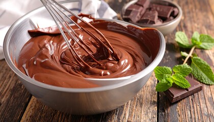 Glossy, melted chocolate in a silver bowl being stirred with a whisk on a rustic wooden surface