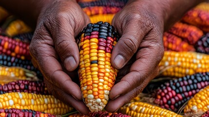 A pair of hands gently holds an ear of colorful corn, surrounded by more vibrant corn, showcasing agricultural beauty and tradition.