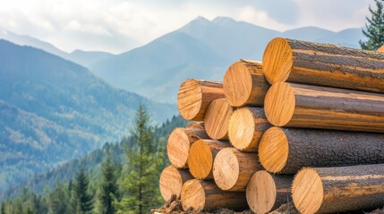 A stack of freshly cut logs in front of misty mountains, showcasing natural beauty and the forestry industry.