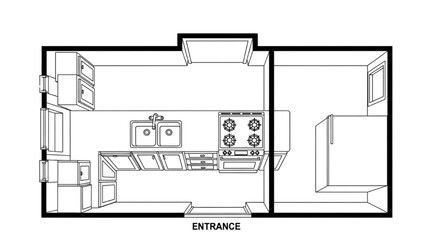 High-quality black line art of a galley kitchen floor plan with parallel countertops, sink on one side, stove on the other, modern interior layout design