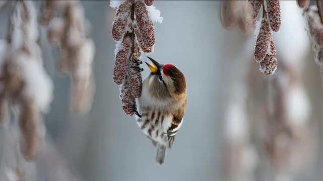 Bird Perching on Frosted Branches in Natural Winter Setting with Closeup Camera Work