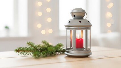 Christmas Lantern with Red Candle and Fir Branch, Cozy Winter Holiday Decoration, Bokeh Lights