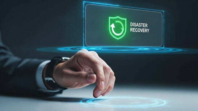 Male Hand Interacting with Virtual Disaster Recovery Interface on Dark Background Wearing Black Suit and Smartwatch with Ambient Lighting