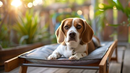 A beagle rests peacefully on an elevated dog bed with a mesh surface in a tranquil outdoor space surrounded by greenery