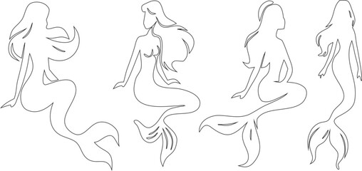 Outline mermaid vector icon pack, perfect for ocean themes, magical artwork, children’s designs, branding, logos, app interfaces, and whimsical fantasy projects.