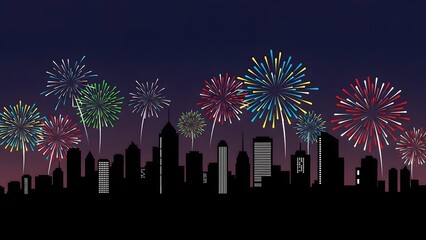 Vibrant fireworks explode over a silhouetted cityscape during a nighttime celebration