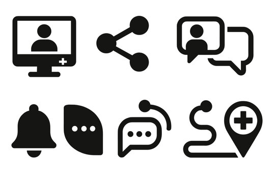 Brutalist Care Icons. Connected care models silhouette set: telehealth panel, link node, metrics gauge bar, consult icon, reminder tile, messaging arc, monitoring pathway, result