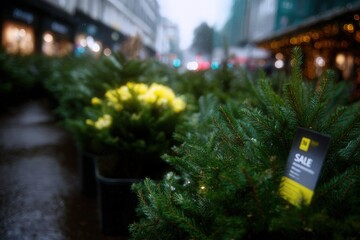 Tall trees and holiday plants at the city fair in rainy weather