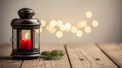 Christmas lantern with red candle and bokeh lights, festive holiday atmosphere