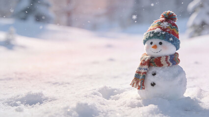 Realistic Little Snowman Wearing Cap and Scarf on Snowy Winter Background &mdash; Christmas Card Concept