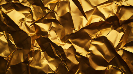 Crumpled metallic foil background texture abstract golden surface with dramatic light and shadow creating rich folds and sculptural pattern evoking luxury and warmth
