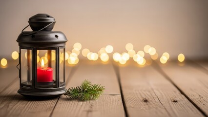 Christmas Lantern with Red Candle and Bokeh Lights - Cozy Winter Holiday Scene