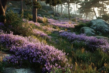 Vibrant field of flowers thriving in a peaceful natural setting