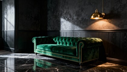 Luxury Dark Cozy Living Room with Velvet Sofa and Brass Lighting