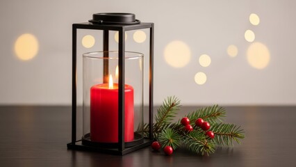 Christmas Candle Lantern with Fir Branch and Berries, Festive Holiday Decor