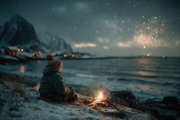 Young child sits by a cozy fire on a winter beach at dusk