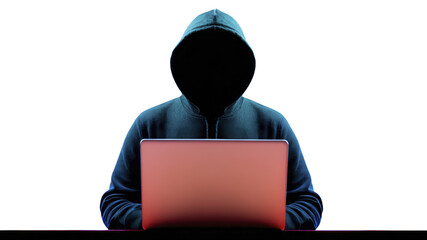 Hooded figure sitting at desk with laptop, mysterious faceless person in dark hoodie using computer, cyber security threat, hacker concept, digital crime, anonymity, technology background