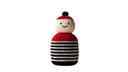 Knitted doll red hat striped black and white sweater smiling face soft toy handmade cute cheerful children isolated on transparency background