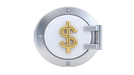 Obraz premium Metallic round safe door with gold dollar symbol secure banking concept financial protection wealth security isolated on transparency background modern design prosperity trust