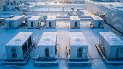Snowy Rooftop: A pristine blanket of snow covers a building's rooftop, highlighting various mechanical units and creating a serene winter scene. Crisp air, quiet rooftop.