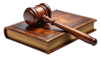 Vintage Courtroom Gavel on Antique Law Book – Transparent Background