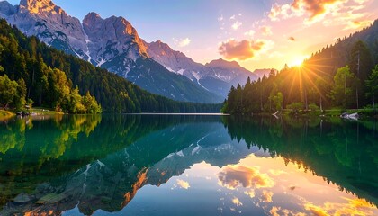 Serene mountain lake reflects sky at sunset, forested hills flank the water, creating a tranquil natural vista