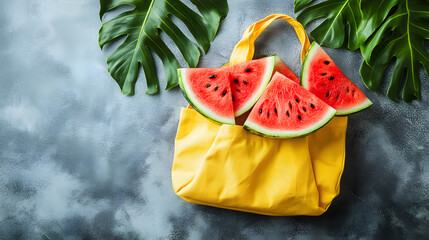 Juicy watermelon slices on a gray surface, perfect for summer themed designs, food blogs, recipe cards, and social media posts