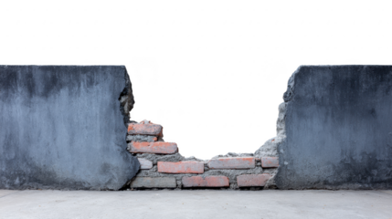 Broken concrete wall with exposed red brick, rough texture, damaged structure, urban decay, isolated on transparent background, concept of destruction and vulnerability