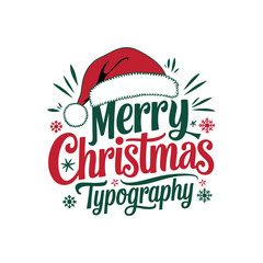 Merry Christmas Typography with Santa Hat and Snowflakes on White Background