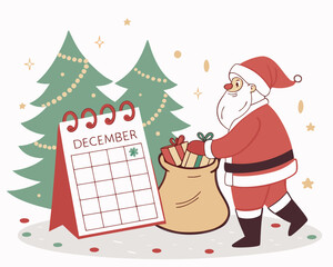 Cartoon vector illustration of Santa Claus with a Christmas tree and gifts for a winter holiday card