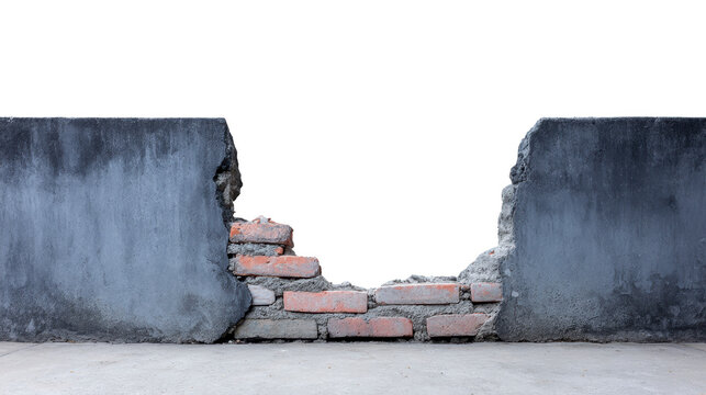Broken concrete wall with exposed red brick, rough texture, damaged structure, urban decay, isolated on transparent background, concept of destruction and vulnerability