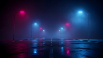 Dark Sci-Fi Landscape with Neon Lights and Reflective Water at Night