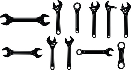 Collection of professional wrench and spanner tool silhouettes featuring adjustable and fixed designs for repair, construction, mechanic work, hardware illustrations, and graphics © MD SAKIL