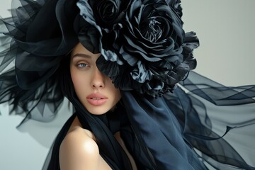 Striking fashion model showcases a dramatic black dress and a bold floral headpiece in a stylish indoor environment with soft lighting Generative AI