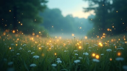 A sunlit meadow (with small white flowers) filled with glowing, floating lights (like fireflies), backed by misty trees.