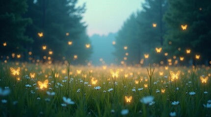 A misty meadow (with white flowers) filled with glowing, butterfly-shaped lights, backed by trees.