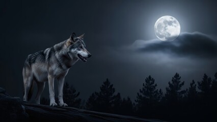 Naklejka premium Majestic grey wolf standing on a rock at night under a bright full moon and cloudy sky, symbolizing wilderness and the beauty of nature.