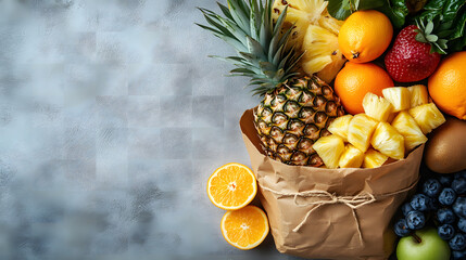 Vibrant Fruit Arrangement on Sleek Blue Background,Shopper bag with summer fruits. Pineapple, oranges and lemons on white background
